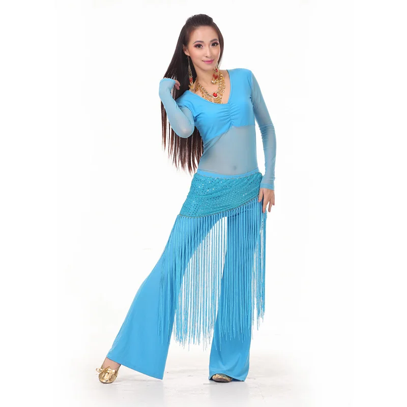 Turquoise Костюм для танца живота, набор для занятий танцами, топ+ штаны+ набедренный шарф, индийский танец, женский танец живота, профессиональная танцевальная одежда - Цвет: Turquoise