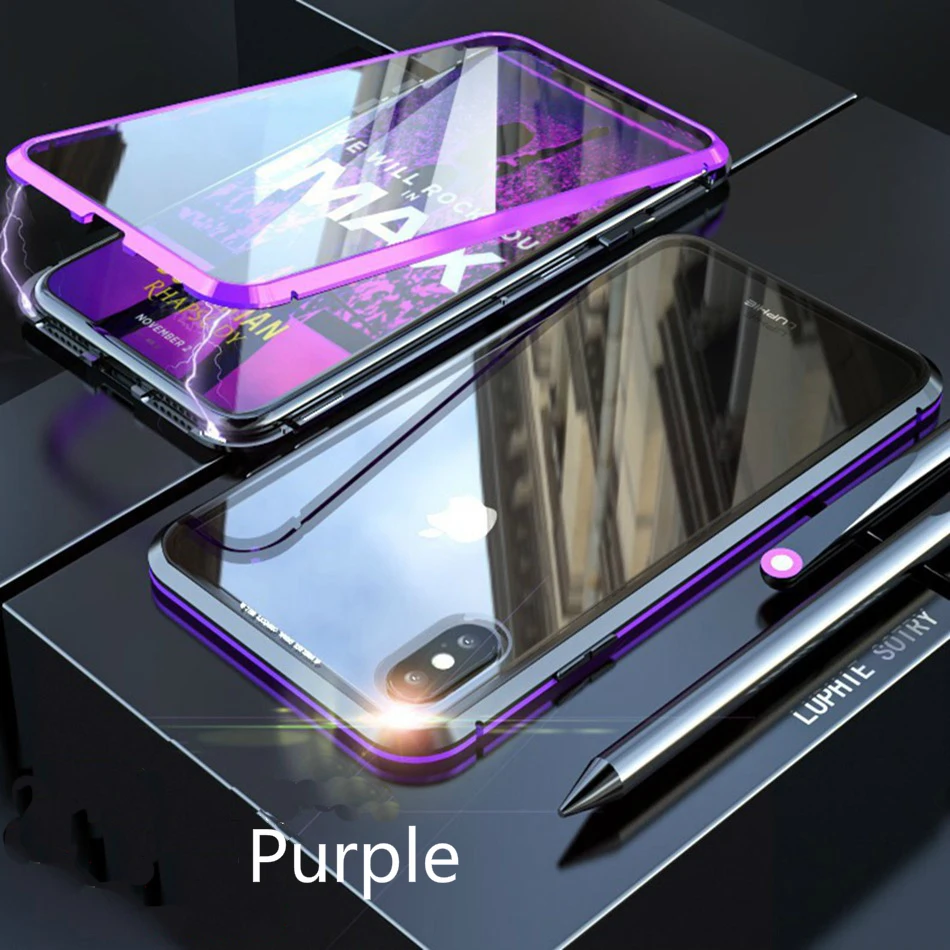 Магнитный поглощающий флип-чехол s для iPhone 6, 6s, 7, 8 Plus, X, XR, XS Max, задняя крышка для телефона, металлический стеклянный чехол для iPhone 11 Pro Max - Цвет: Purple Double Glass