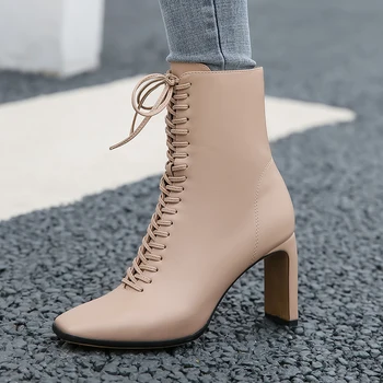 

high Heels Ankle Boots Women Fashion Lace-up High Heels Riding Boots Woman blue apricot Faux leather booties