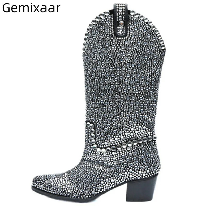 

2019 Glitter Silver Boots Women Bling Sequines Slip On Ladies Bottes Point Toe Square Heel Comfy Insole Fashion Woman Boots 42