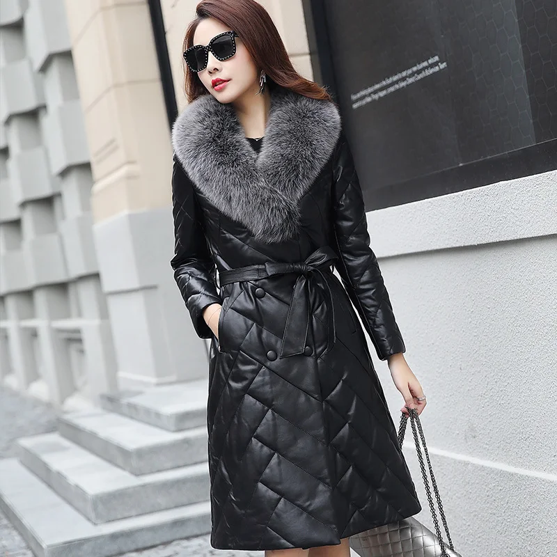 

Women Real Leather Coat Natural Fox Fur Collar Long Genuine Leather Down Jacket Winter Sheepskin Coats Plus Size G3749
