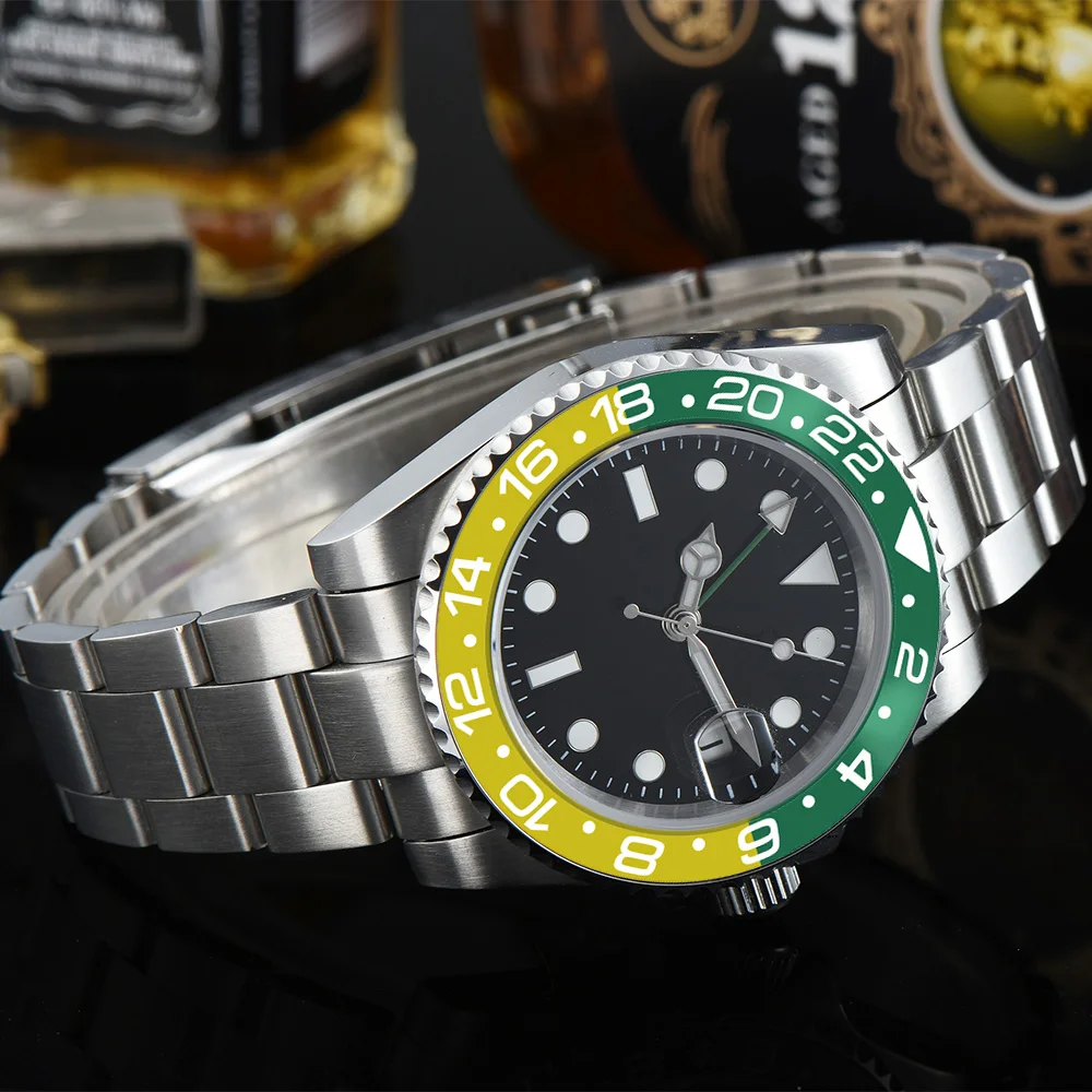 Часы GMT Мужские автоматические новые зеленый желтый ободок стальной чехол браслет 40 мм асептическая светящаяся рука сапфировое стекло RL12
