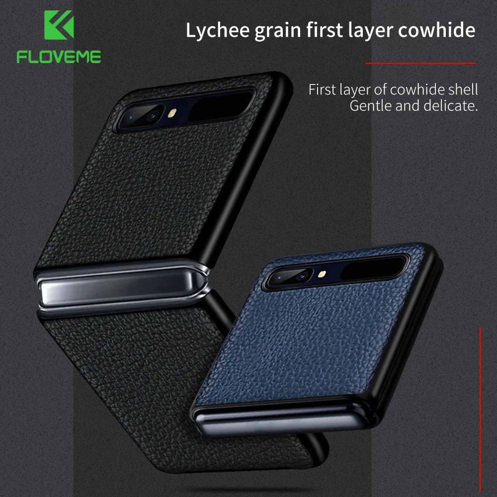 FLOVEME Genuine Real Leather Case For Samsung Galaxy Z Flip Case Foldable Litchi Protective Cover For Samsung Galaxy Z Flip Skin