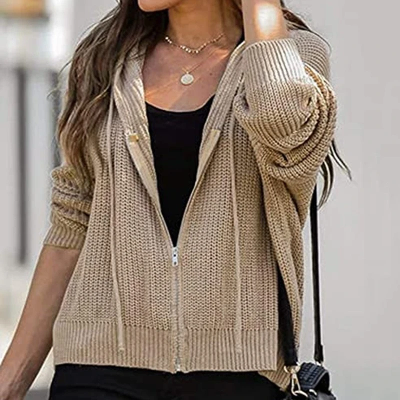 Chaqueta de gran tamaño con capucha Mujer, abrigo informal con cremallera para el hogar, cárdigan de punto grueso, ropa de otoño e invierno, 2021|chaquetas básicas| - AliExpress