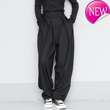 

Black High Waist Brief Pleated Long Wide Leg Trousers New Loose Fit Pants Women Fashion Tide Spring Autumn 2020 1s399