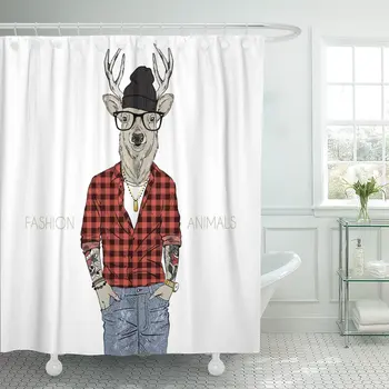 

Glasses Hipster Deer Dressed Up in Plaid Furry Animals Shower Curtain Waterproof Fabric 60 x 72 Inches Set with Hooks