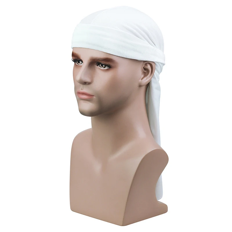 Белый New Unisex Breathable Velvet Turban Hat Durag Wigs Doo Headwrap Chemo Cap Long Tail Pirate Hat Men women Hair Accessories - Цвет: Белый