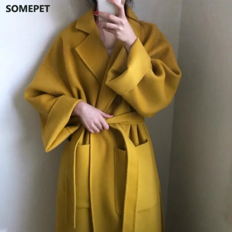 

Women Yellow Elegant Winter wool Overcoat Long Bandage Woolen Coat Cardigan Loose Plus Size outwear with pocket turn down collar