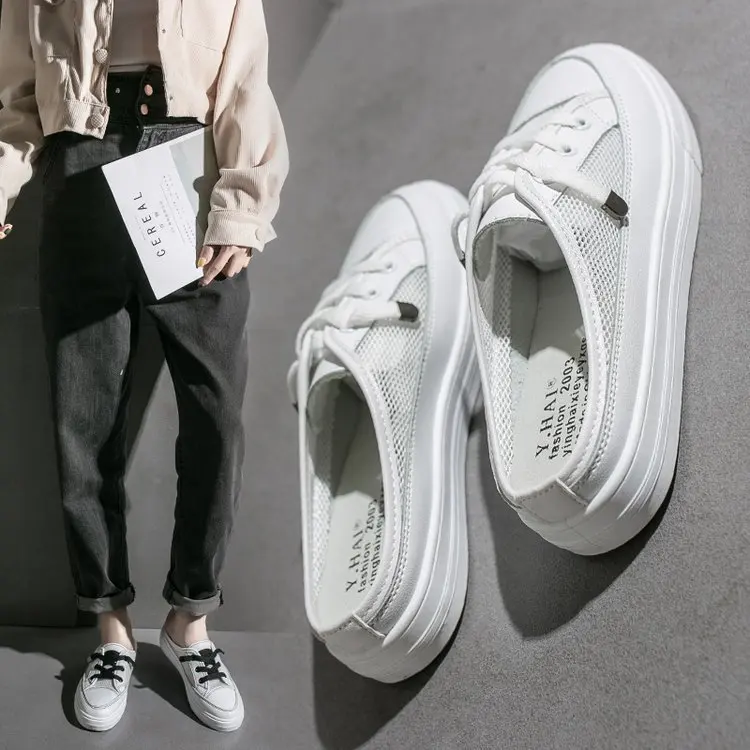 

White Shoes Women's 2019 Summer New Style Korean-style Versatile Closed-toe Slipper Online Celebrity Breathable No Heel Flat Loa