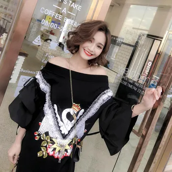 

Europe station 2020 spring and summer new cartoon printing sequins collar neck strapless trumpet sleeve T-shirt dress women