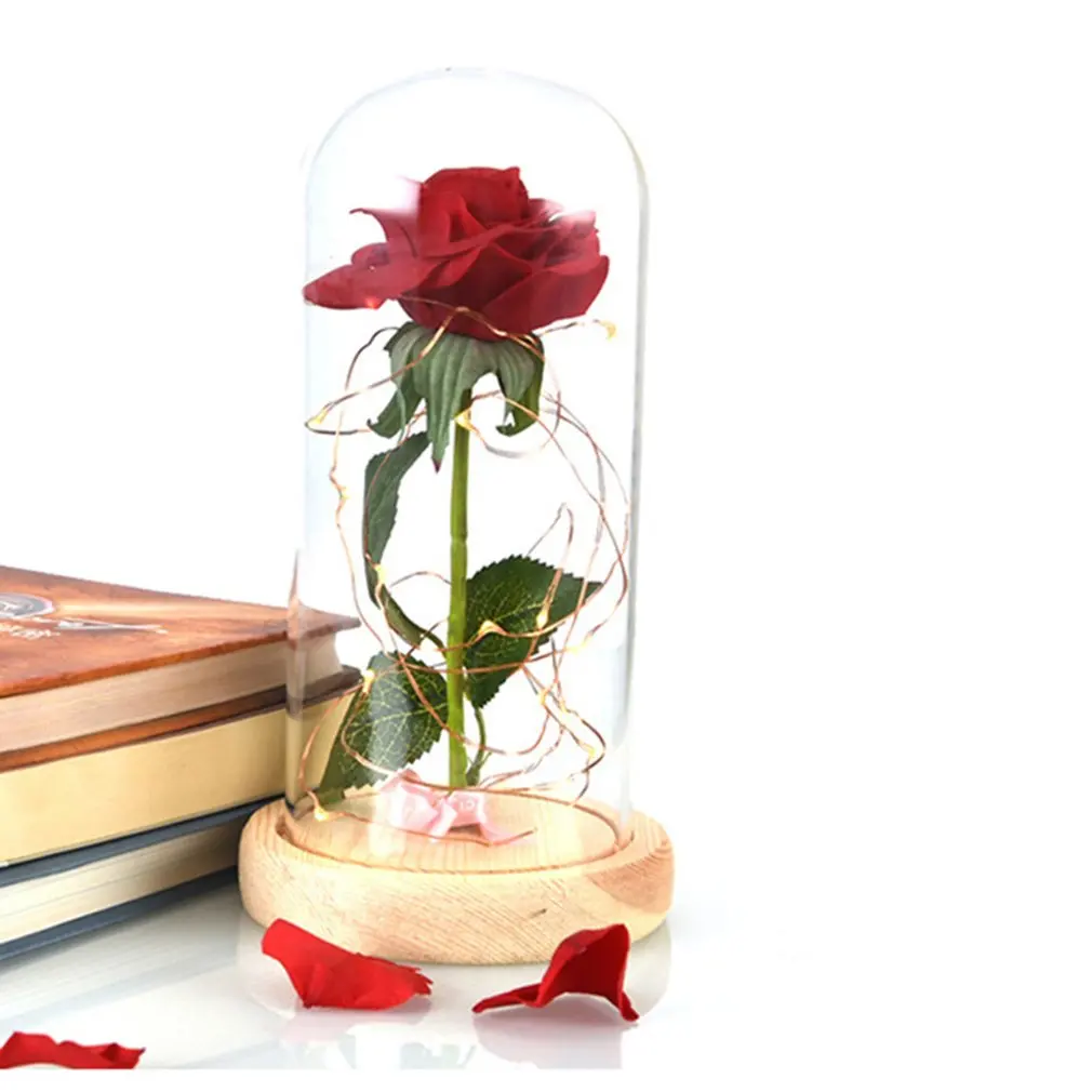  ICOCO Rose LED Night Lamp String Light in a Glass Dome Wooden Base Valentine's Day Gifts Room Decor - 4000171567598