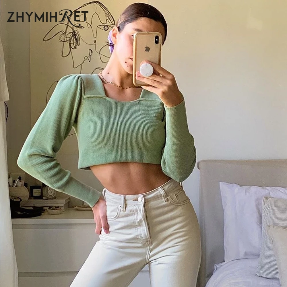 ZHYMIHRET мятно зеленая футболка с квадратным воротником для женщин 2019 осень