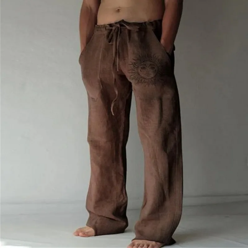 Men's Casual Pants sweatpants Sun Flower Print Full Length Pants Pocket Drawstring Linen Trousers Men fashionable wide leg pants,linen pants,wide leg pants,fashion pants
