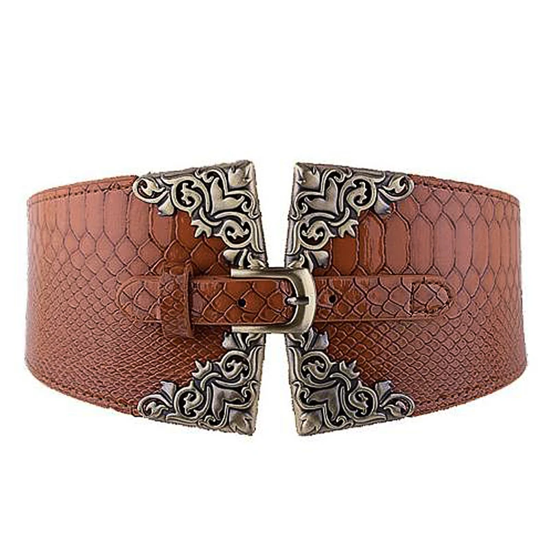

Lady Women Elastic Waistband Faux Leather Wide Waist Belt Retro Metal Buckle