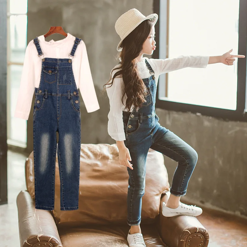 

Childrenswear CHILDREN'S Suit Autumn New Style 2019 Big Boy Korean-style Girls Lace Shirt Cowboy Suspender Pants Two-Piece Set
