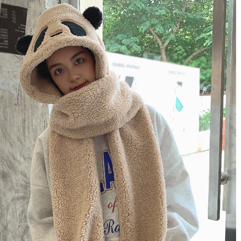 Cute Panda Hat Scarf Gloves 3-piece Set Plush Fluffy Cartoon Hat Women Winter Animal Paws Windproof Hoodie Cap Scarf Mitten 4