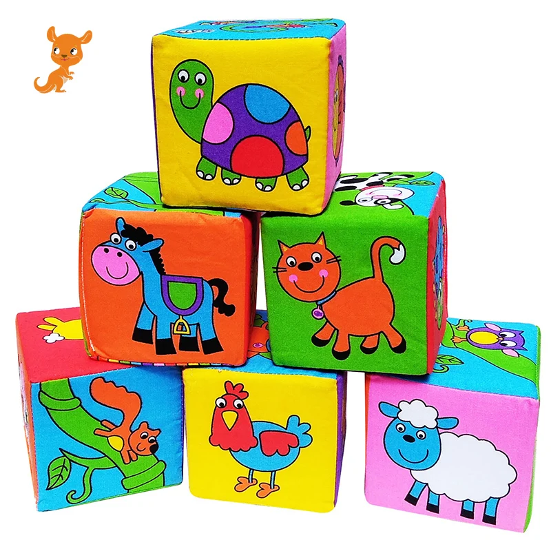 

6pcs/Set Cloth Building Blocks New Infant Baby Cloth Doll Soft Rattle early Educational Giraff Baby Rattles Play Cube Cloth Toy