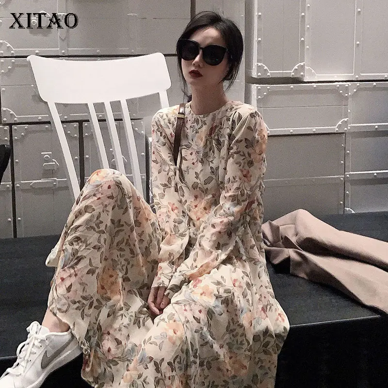 

XITAO Pleated Women Print Dress 2020 Spring Loose Chiffon Pullover Small Fresh Casual Elegant Goddess Fan Style Dress DMY3925