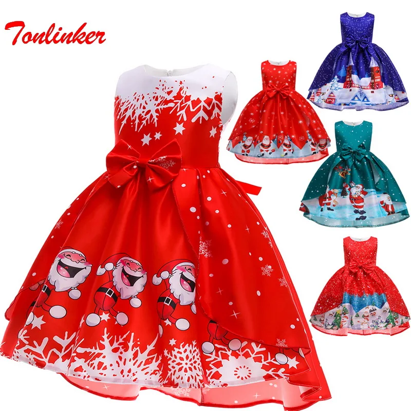 

Little Girls Christmas Eve Xmas Dress Up Party Dresses Santa Claus Elk Snow Satin Print Children Baby Bowknot Princess Dress