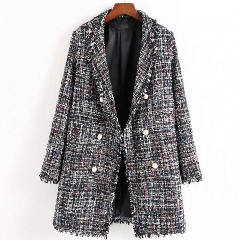 

2019 Europe style autumn/winter women jacket new fashion pearl buttons jacket checkered Tweed coat jacket casual loose outwear