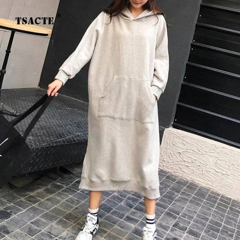 

Fashion Autumn New Loose Sweater Dress Solid Hooded Dresses Fleece Mid-Length Winter Cotton Casual Skirt Pocket Women's Clothing
