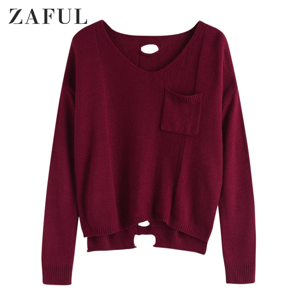 

ZAFUL High Low V Neck Cutout Sweater Women Pullovers Solid Long Sleeve Sweaters Tops Loose Style Pullovers Streetwear Autumn