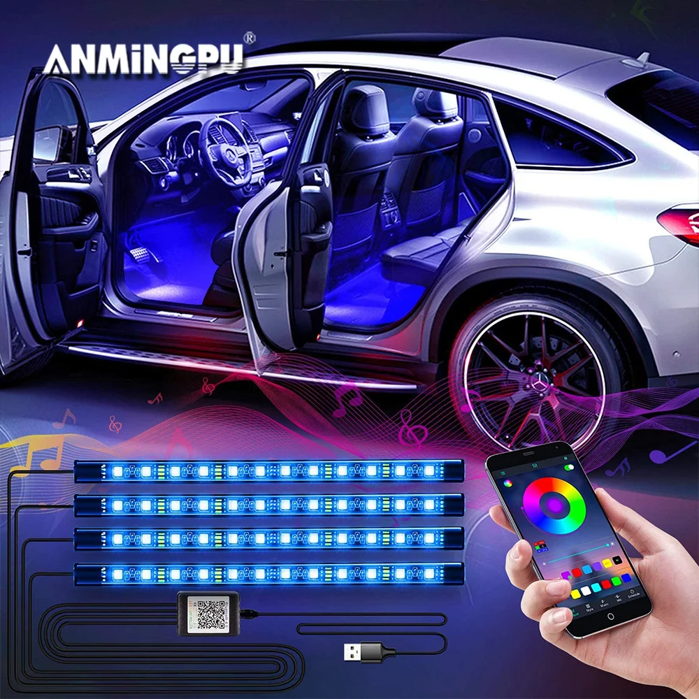 ANMINGPU-tira de luces LED de neón para coche, lámpara inalámbrica de ambiente decorativo para Interior de automóvil, con Control remoto por aplicación de música, USB