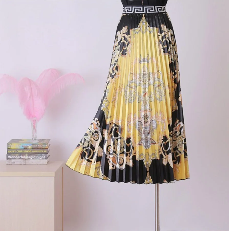 eDressU Vintage Pleated Skirt Floral Print Midi Long Skirt A-Line Stretchy High Waist Bottom Skirt LS-9853