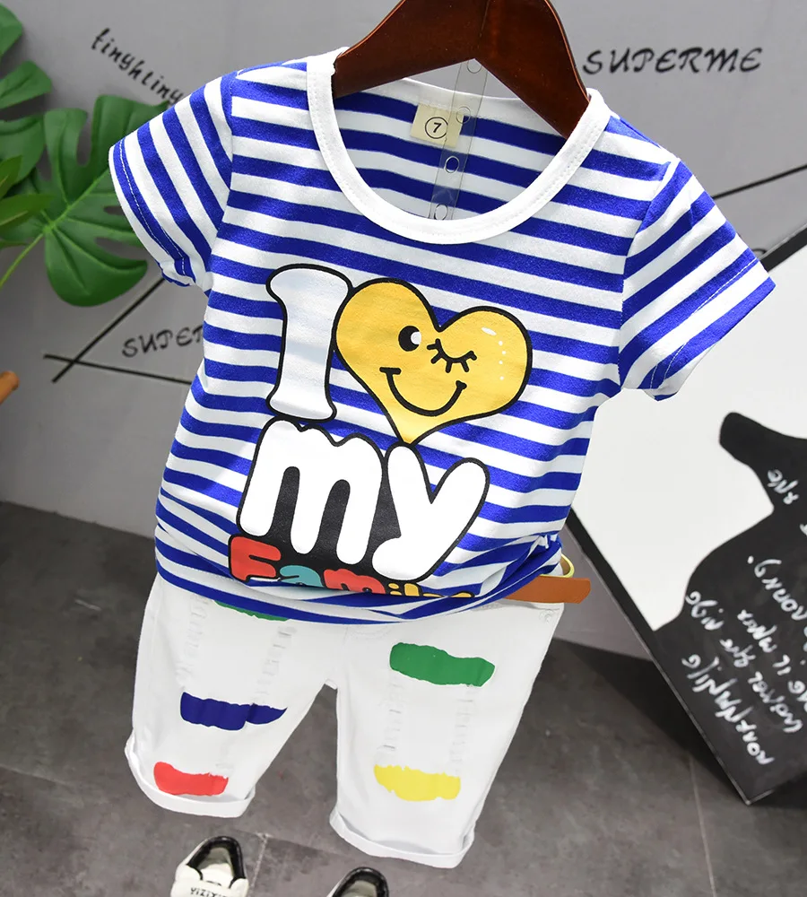 Zhao Overflow Childrenswear Summer Children New Style Stripe Short Sleeve Aa503 with Bermuda Shorts Aq851