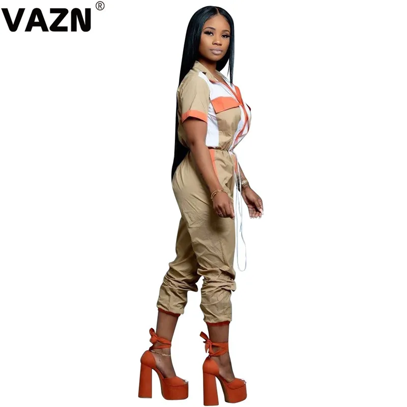 VAZN GLSD18378 дизайн юная леди zipperswomen комбинезон с коротким рукавом Длинные узкие брюки Комбинезоны Глубокий v-образный вырез волнующие Клубные Комбинезоны