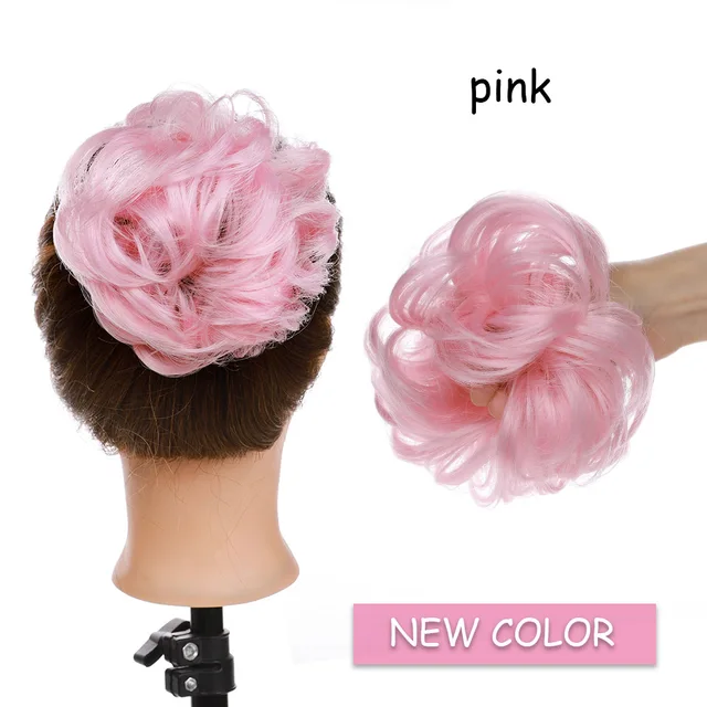 BENEHAIR Messy Hair Bun Scrunchy Curly Hair Chignon Women Chignon Synthetic Hair Extensions Updo Donut Hairpieces Fake Hair pink