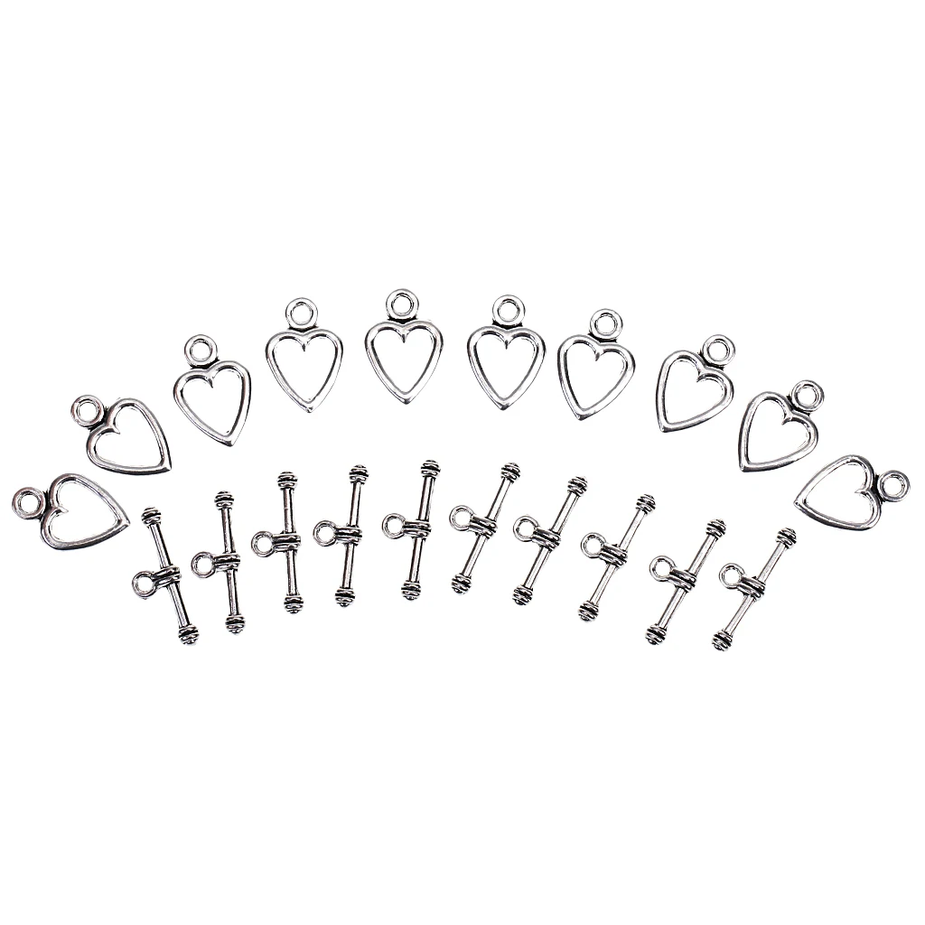 

10pcs Heart Toggle Clasps T-bar Clasps for Necklace Bracelet Silver Tone