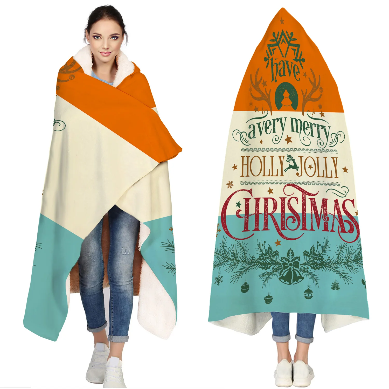 

Merry Christams Portable Wearable Fluffy Custom Hooded Blanket Fleece Hooded Throw WrapBed Blanket