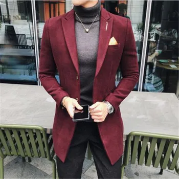 

7 Solid Color Long Blazer Men Vintage Retro Slim Fit Blazer Hombre Casual Wool Blend Men Coat High Quality Designer Blazer