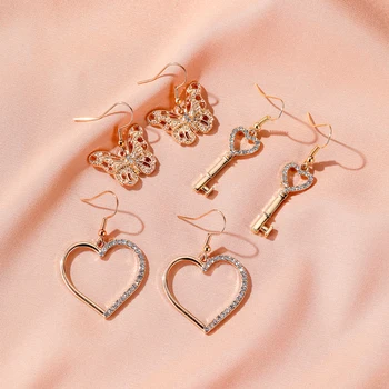 

Golden Metallic Rhinestone Starry Bling Heart Key Butterfly Hollow Alloy Geometry Dangle Earrings & Drop Earrings for Women
