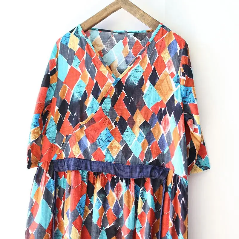 Весна-Осень, Свободное длинное платье с геометрическим принтом, сексуальное платье с v-образным вырезом, платье с коротким рукавом