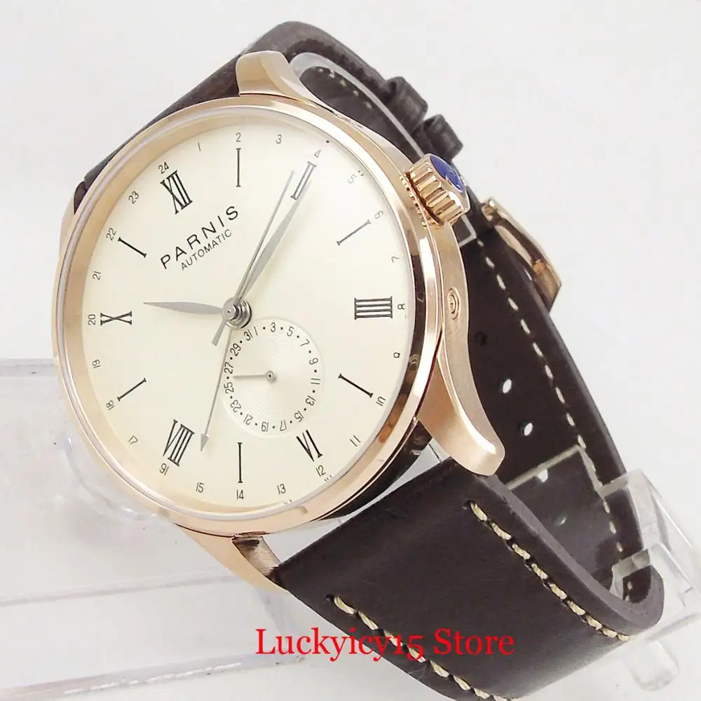 

PARNIS Classic ST1690 Movement 42mm Mechanical Men Watch 24 Hours Indicator Beige Dial Rose Golden Case