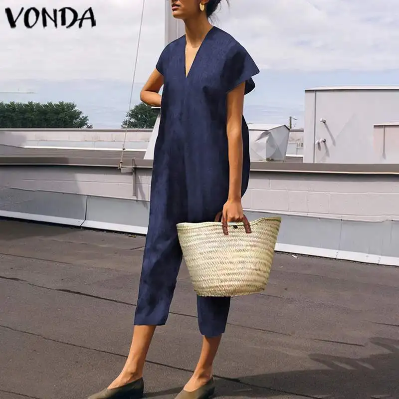 VONDA/Большие размеры, женские комбинезоны длиной до икры, Летний комбинезон с короткими рукавами длиной 3/4, цельный комбинезон, штаны, комбинезон, Femme