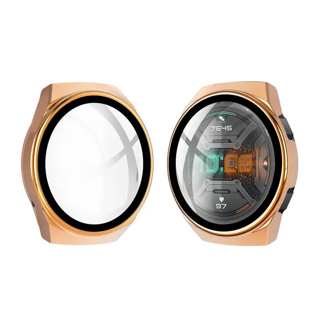 Case for Huawei Watch GT 2E GT2E GT2 GT 2 42mm 46mm Full Coverage Bumper Case Cover with Tempered Glass Screen Protector Rose Gold
