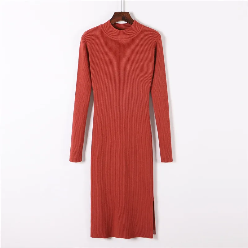 SINGRAIN женское длинное трикотажное платье-карандаш, Осеннее эластичное теплое однотонное облегающее платье с высоким воротом, зимнее трикотажное платье-свитер с разрезом