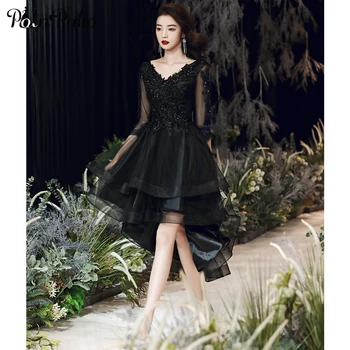

Black High Low Prom Dresses With Sleeves Elegant V-neck Shiny Appliques Short Front Long Back Evening Gowns For Women