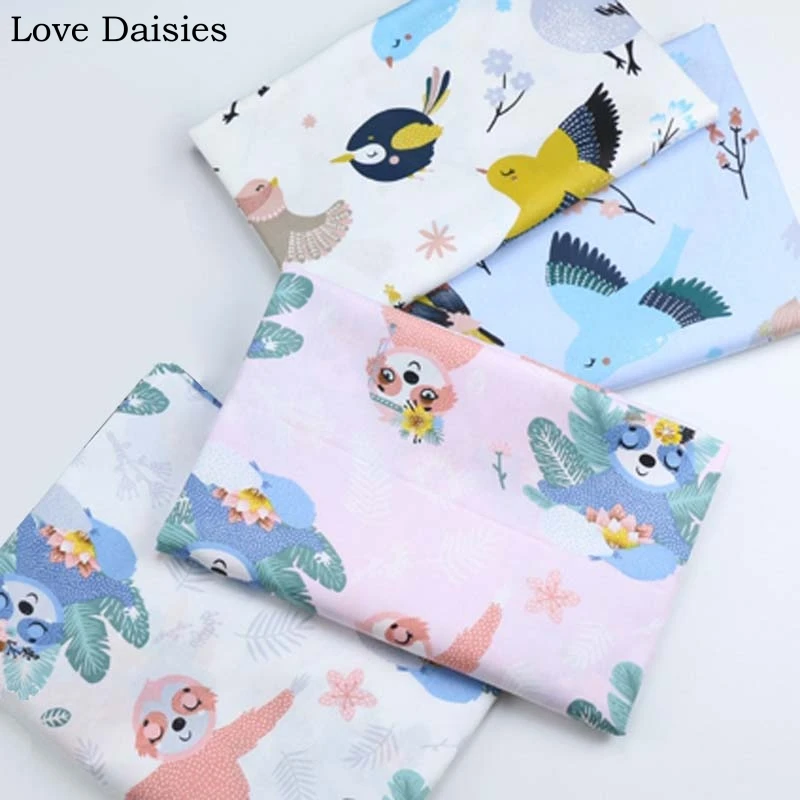 100 Katun Twill Putih Biru Merah Muda Kartun Burung Warna Bunga