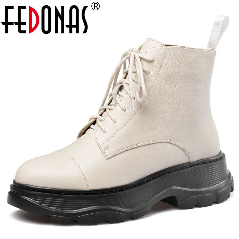 

FEDONAS Newest Female Flats Platform Casual Sheos Woman Autumn Winter Warm Women Ankle Boots Genuine Leather Lace Up Short Boots
