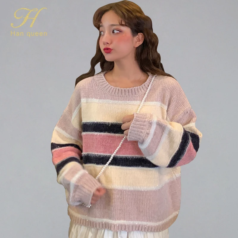 

H han queen Loose Stripe Casual Women Sweater 2019 Autumn Winter Female Knitted Pullovers Long Sleeve Jumper Pull Femme Clothing
