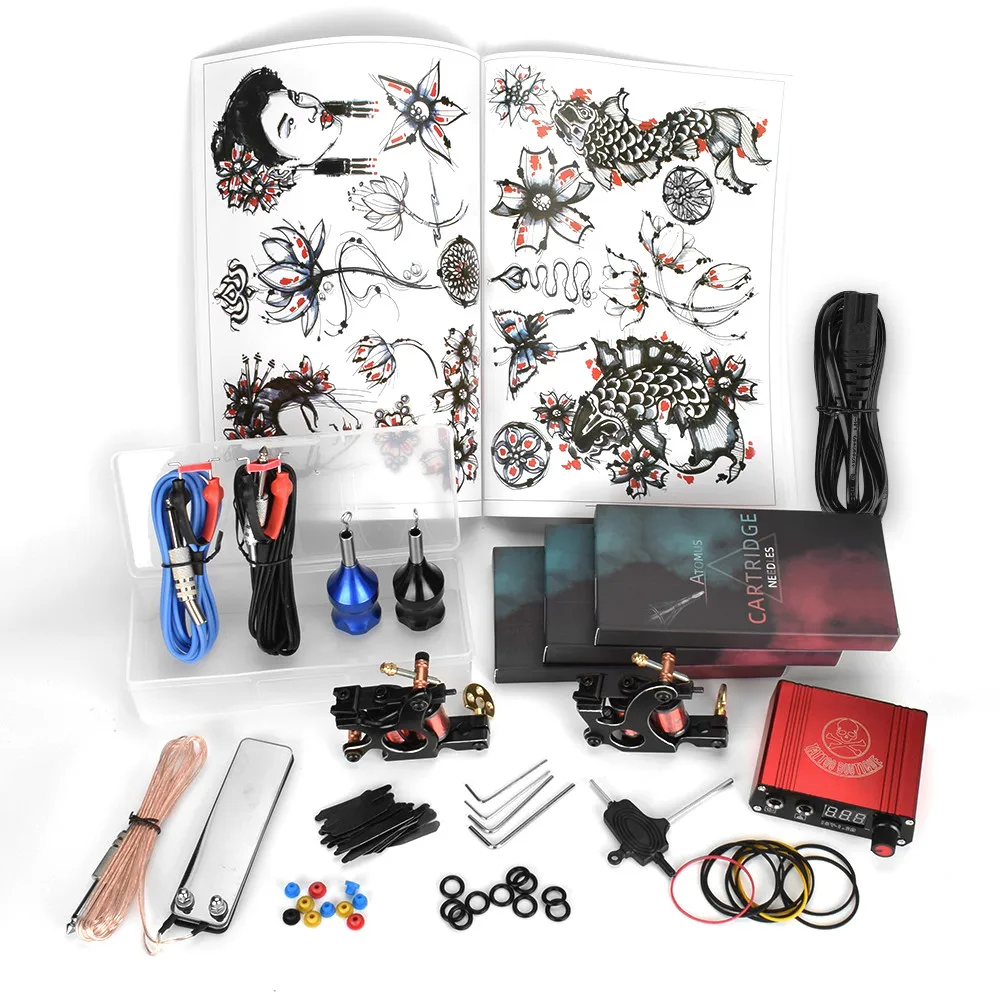 

Complete Tattoo Coils Machine Kit Mini Tattoo Power Supply Tattoo Book Kit Set Grips Cartridge Needles Tips Supplies Beginner
