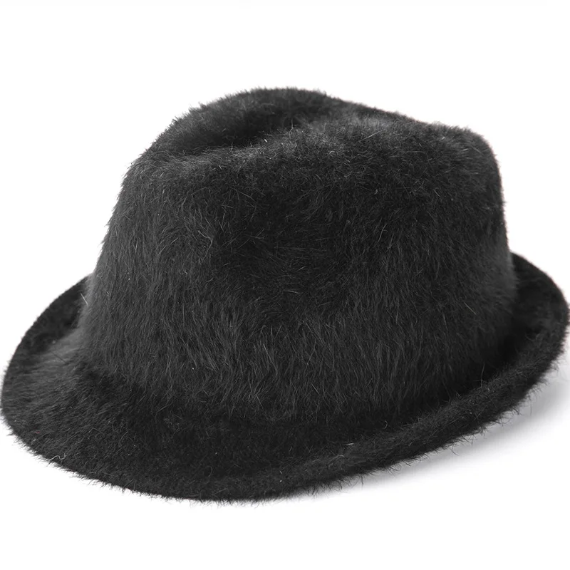 01912-HQ-WGFB173016 rabbit hair polyester blended men fedoras cap women panama jazz hat - Цвет: Черный