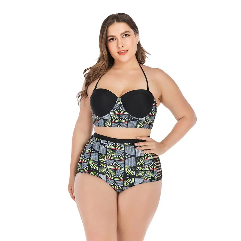 

Women Patchwork Halter Top Lace-up High Waist Hollow-out Quick Drying Bikini Underwire Padded Bra Plus Size Swimsuit Beach Suit