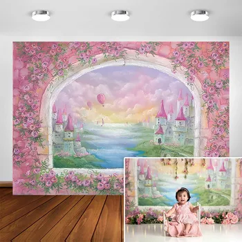 

Dream Garden Castle Photography Backdrop Painting Pink Flower Floral Baby Newborn Photo Background for Photo Studio Photocall