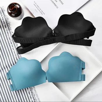 

Bra Set Women Sexy Strapless Push Up Anti-slip Lingerie Set Front Buckle Wire Free Solid Color Underwear Set