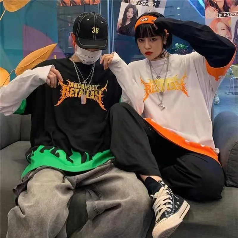 Woherb Harajuku футболка с принтом пламени Поддельные 2 шт. Лоскутная Повседневная футболка с длинным рукавом женская и мужская пара уличная одежда топы